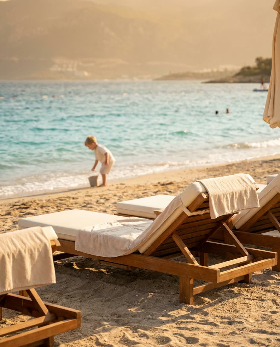 Plajă cu șezlonguri și mare turcoaz pe riviera Antalya