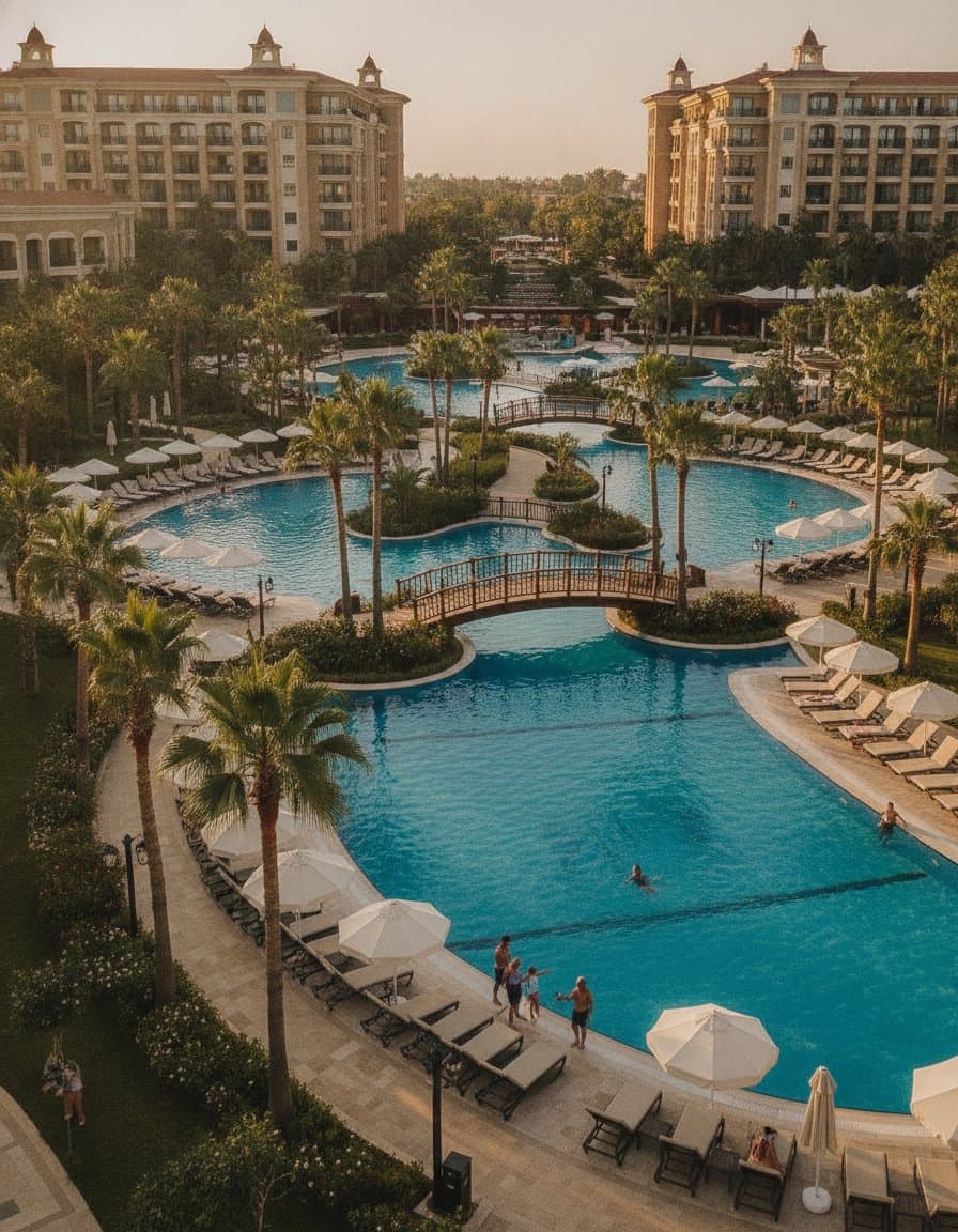 Zona de piscine a unui resort ultra all inclusive de pe Riviera Antalya