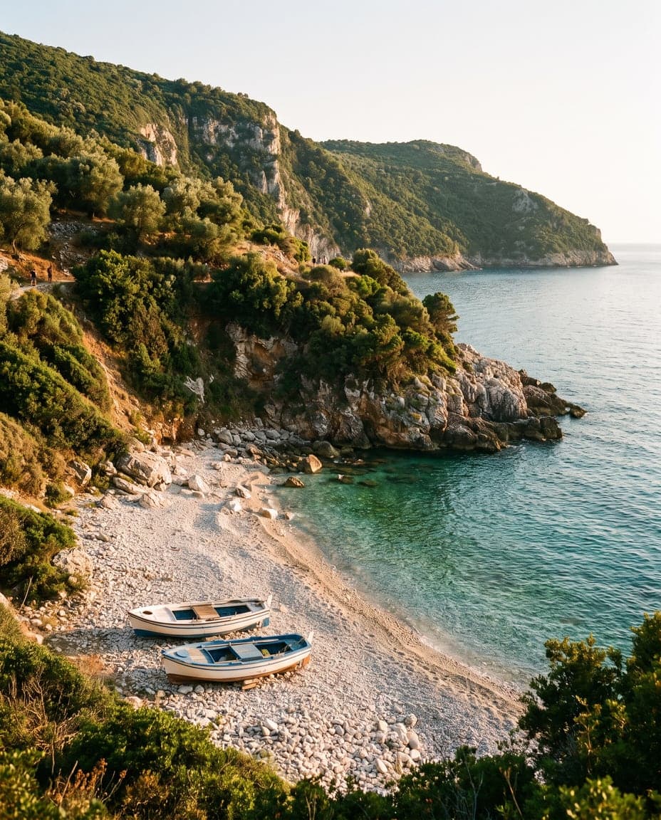 Dealuri verzi și golfuri liniștite pe coasta de vest a Corfu, lângă Pelekas