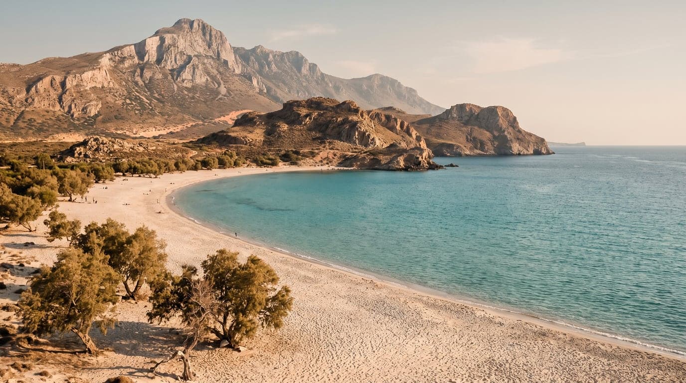 Plajă cu nisip și apă turcoaz la Hersonissos, pe coasta de nord a Cretei