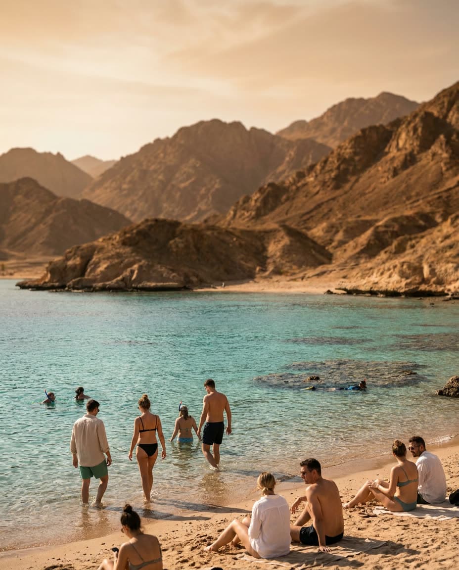 Golf cu apă limpede și munți în fundal la Sharm El Sheikh