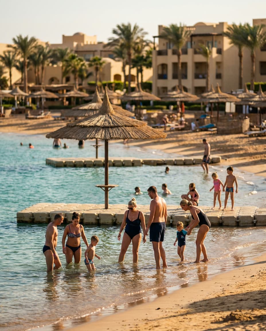 Plajă cu pontoane și apă turcoaz la un resort din Hurghada