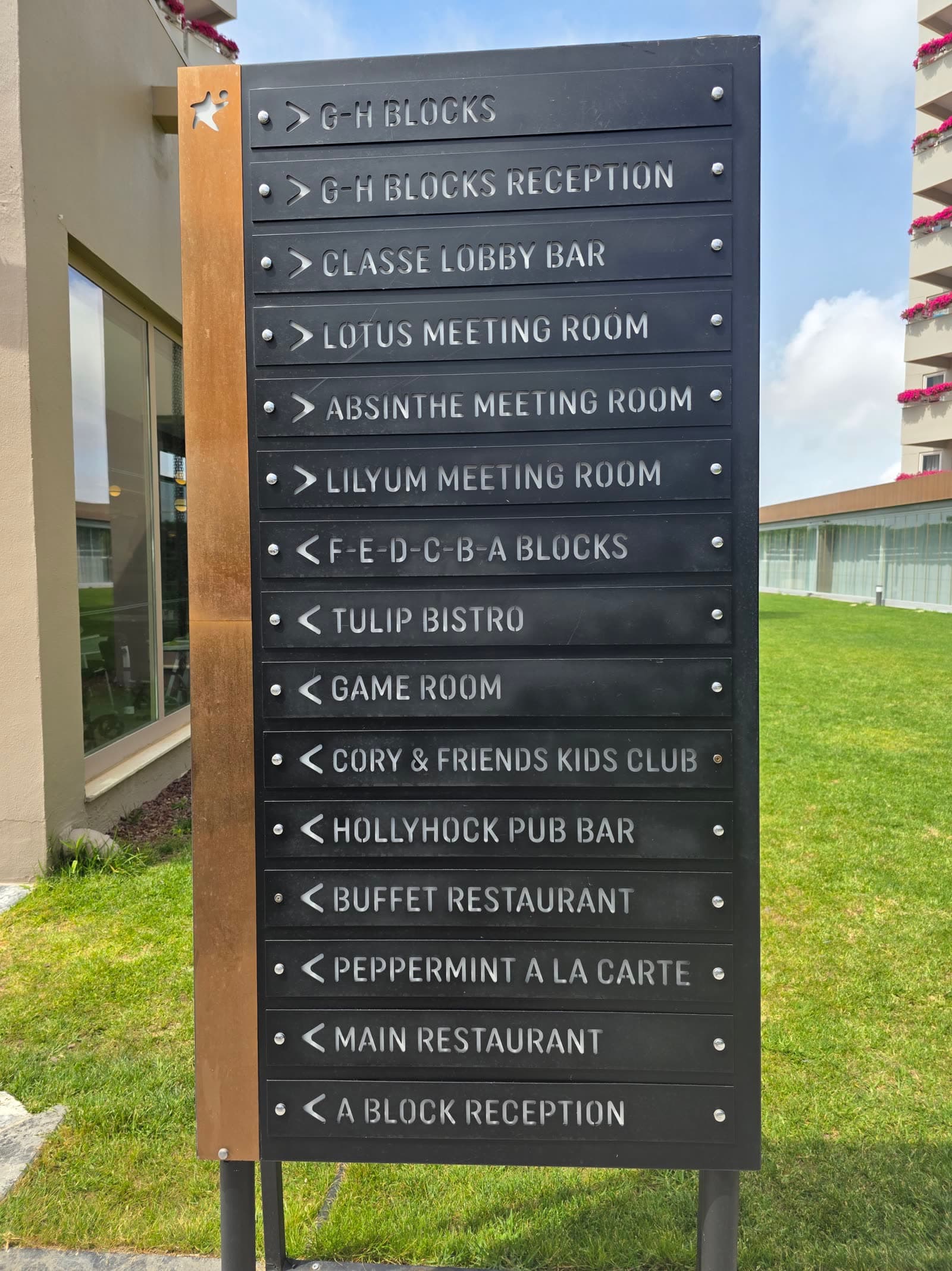 Indicatorul de facilități al hotelului, cu direcțiile către restaurante, sălile de conferințe și clubul de copii.
