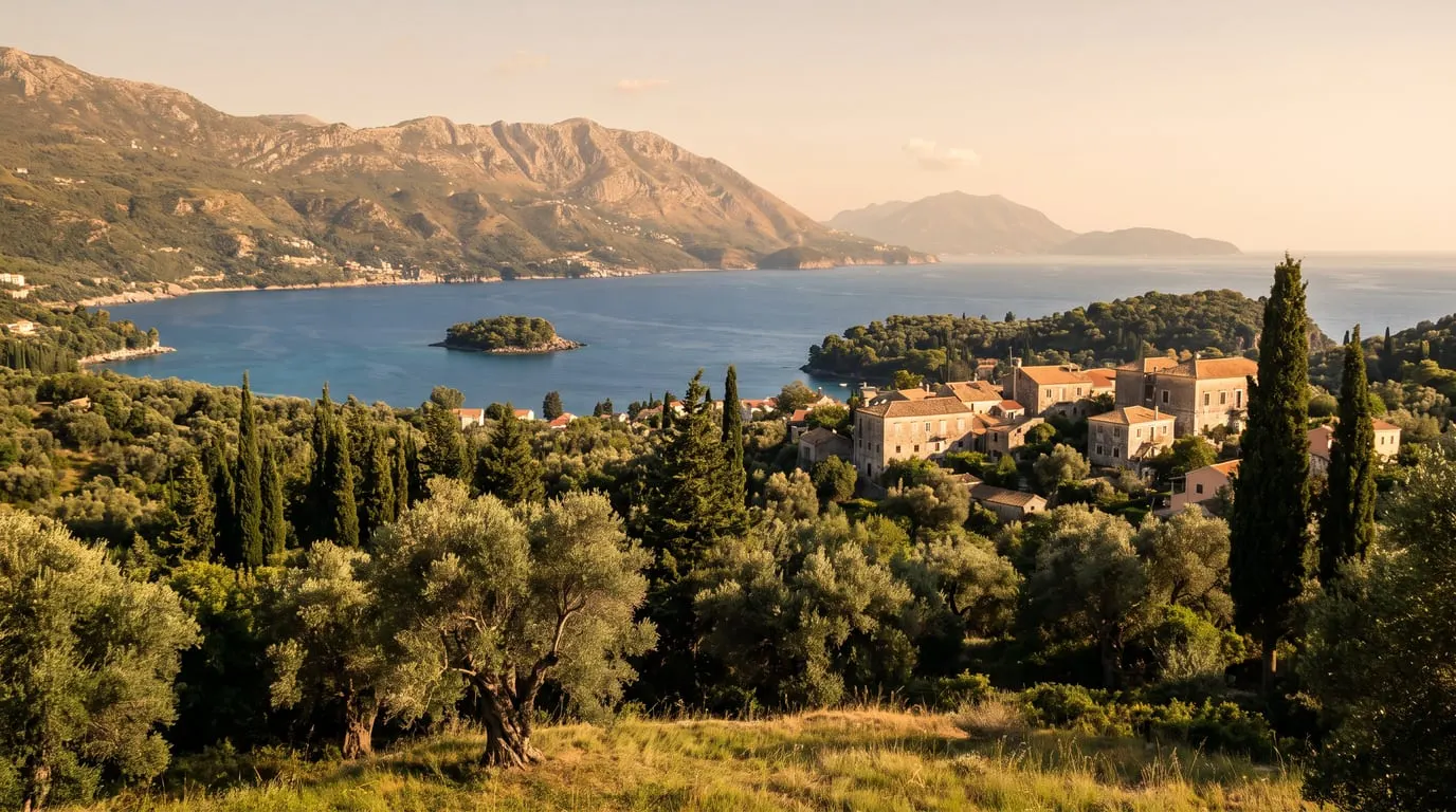 Plajă cu nisip galben fin și apă turcoaz la Glyfada, Corfu